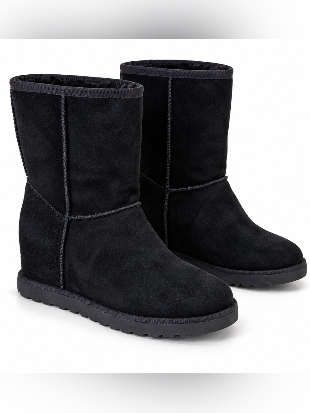 UGG Classic Short Black Suede Shearling Winter Boots Wedge Women’s Size 6